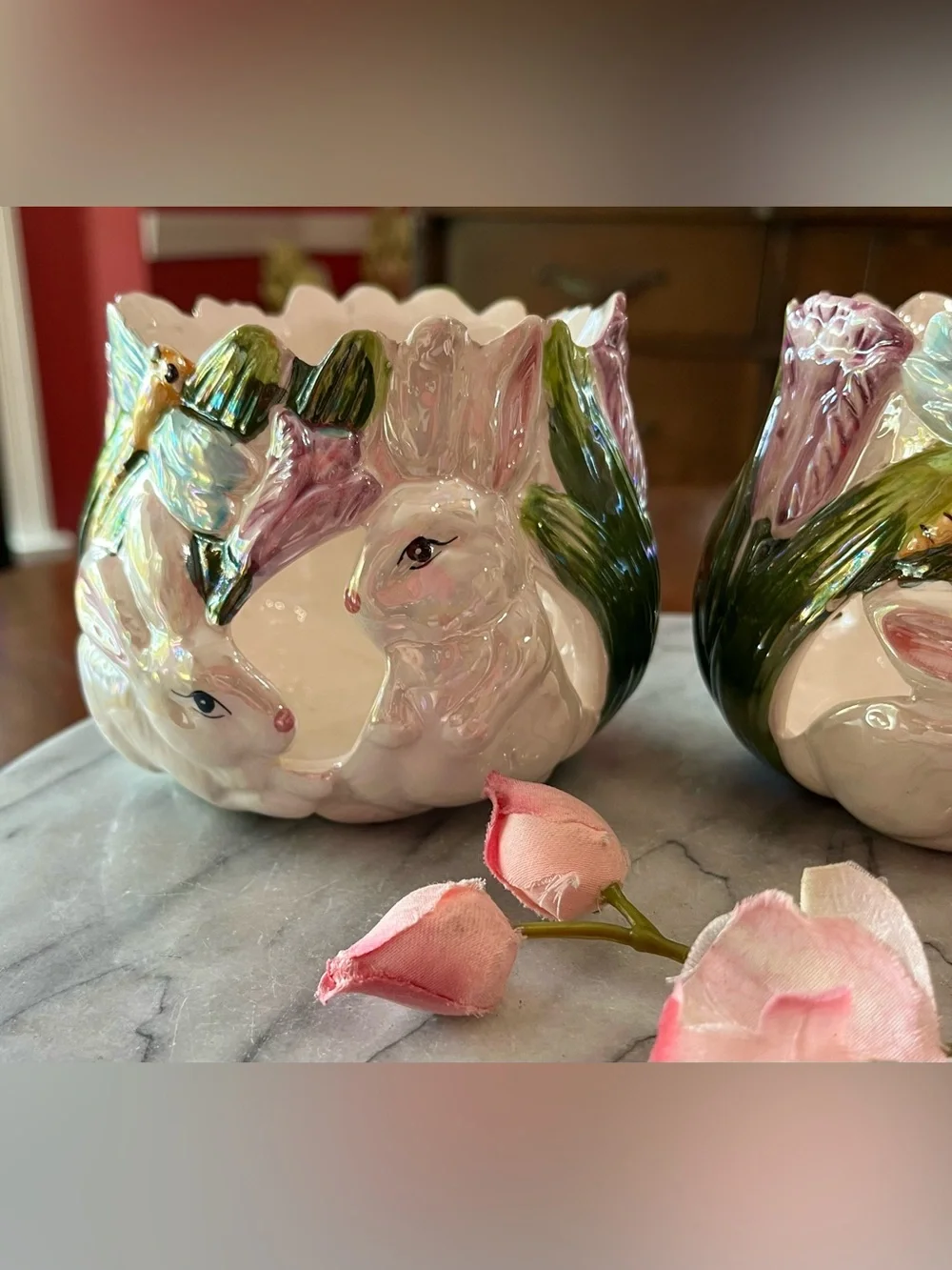 Vintage Easter Ceramic Bunny Candle Holder Set of 4, Flower Factory 4.5